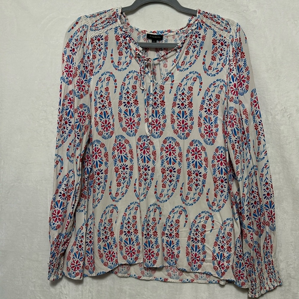 Talbots Floral Lightweight Long Sleeve V-Neck String Neckline Blouse Size Small